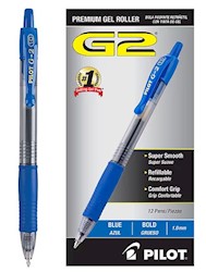 PENS, GEL, RETRACTABLE, PILOT G2, BOLD POINT, BLUE INK, 12/CT LARGE