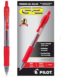 PENS, GEL, RETRACTABLE, PILOT G2, BOLD POINT, RED INK, 12/CT MAIN