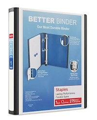 BINDER, 3 RING, STAPLES, D RING, 1", WHITE MAIN