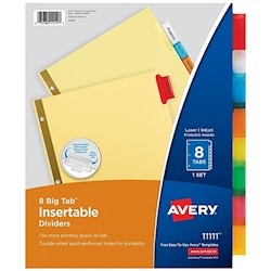 DIVIDERS, 8 TABS, INSERTABLE, AVERY, BIG TAB, PAPER, BUFF WITH MULTICOLOR LARGE