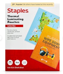 LAMINATING POUCHES, THERMAL, STAPLES, LETTER SIZE, 3 MIL, 50/CT LARGE