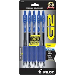PENS, GEL, RETRACTABLE, PILOT G2, FINE POINT, BLUE INK, 5/CT LARGE