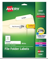 FILE FOLDER LABELS, AVERY, LASER/INKJET, 2/3" X 3 7/16", WHITE, 750 LABELS/CT LARGE