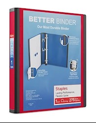 BINDER, 3 RING, STAPLES, D RING, RED, 1" LARGE
