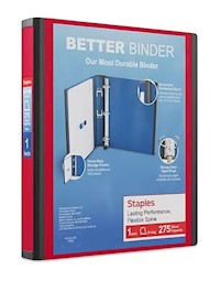 BINDER, 3 RING, STAPLES, D RING, RED, 1" MAIN
