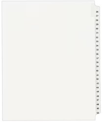 DIVIDERS, COLLATED SET, AVERY, LEGAL, PRE-PRINTED, PAPER, NUMBERS 26-50, 25 TAB, WHITE, LETTER SIZE LARGE