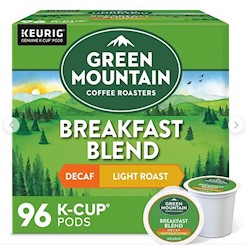 COFFEE, LIGHT ROAST, DECAF, GREEN MOUNTAIN, KEURIG K-CUP PODS, 96/CT LARGE