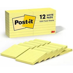STICKY NOTES, POST-IT, 3" X 3", YELLOW, LINED, 100 SHEETS/PAD, 12 PADS/CT LARGE