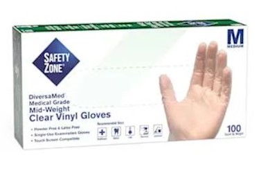 DISPOSABLE GLOVES, THE SAFETY ZONE, VINYL, POWDER FREE, CLEAR, 100/CT LARGE