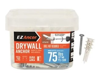 DRYWALL ANCHORS, E-Z ANCOR, TWSIT-N-LOCK, 75 LB CAPACITY, 100/CT LARGE