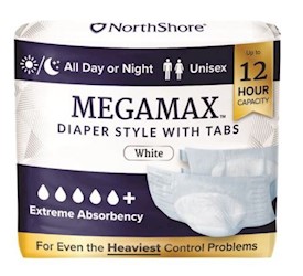 BRIEFS, DISPOSABLE, MEGAMAX OVERNIGHT ADULT DIAPER, HEAVY DUTY, WHITE, XL, 40/CT LARGE