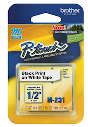 LABEL MAKER TAPE, BROTHER M231, 0.47"W, BLACK ON WHITE LARGE