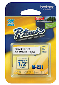 LABEL MAKER TAPE, BROTHER M231, 0.47"W, BLACK ON WHITE MAIN