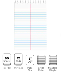STENO PADS, 6" X 9", GREGG RULED, WHITE, 90 SHEETS/PAD, 12 PADS/PK LARGE