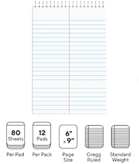 STENO PADS, 6" X 9", GREGG RULED, WHITE, 90 SHEETS/PAD, 12 PADS/PK MAIN