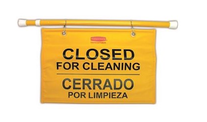 "CLOSED FOR CLEANING" DOORWAY SIGN, MULITLINGUAL, TORSION MOUNT LARGE