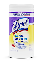 DISINFECTING WIPES, LYSOL, DUAL ACTION, CITRUS, 75 WIPES/CT LARGE