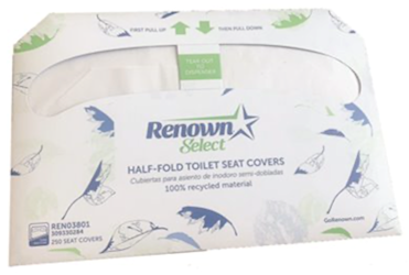 TOILET SEAT COVERS, UNIVERSAL FIT, RENOWN, HALF-FOLD, RECYCLED MATERIAL, 5000 COVERS LARGE