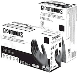 DISPOSABLE GLOVES, NITRILE, GLOVEWORKS, MEDICAL GRADE, POWDER/LATEX FREE, BLACK, SMALL, 100/BX LARGE