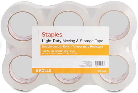 PACKING TAPE, LIGHTWEIGHT, MOVING & STORAGE, STAPLES, 1.88" X 109 YARDS, CLEAR, 6/CT MAIN