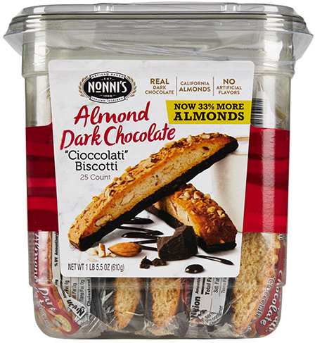 COOKIES, ITALIAN, DARK CHOCOLATE ALMOND, INDIVIDUALLY WRAPPED, 25 COOKIES/TUB MAIN