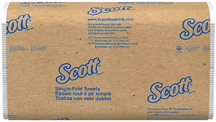 PAPER TOWELS, SINGLE FOLD, SCOTT, RECYCLED, 1-PLY, 250 SHEETS/PK, 16 PACKS/CT LARGE
