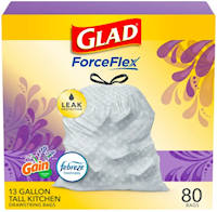 13 GALLON, 0.72 MIL, WHITE, 24" X 27.36", LOW DENSITY, GLAD, 80/CT MAIN