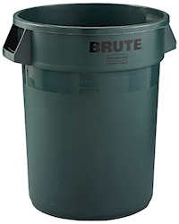 TRASH CAN, RUBBERMAID BRUTE, ROUND, DARK GREEN, 32 GALLON MAIN