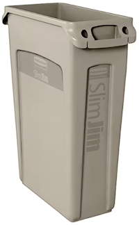 TRASH CAN, RUBBERMAID SLIM JIM, RECTANGULAR, WITH VENTING CHANNELS, BEIGE, 23 GALLON MAIN