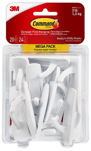 UTILITY HOOKS, COMMAND, MEDIUM, MEGA PACK, WHITE, 20 HOOKS/CT MAIN