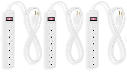POWER STRIP, 6-OUTLET, WHITE, 6' CORD, 3/CT LARGE
