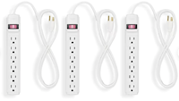 POWER STRIP, 6-OUTLET, WHITE, 6' CORD, 3/CT MAIN