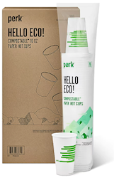 CUPS, PAPER, HOT, PERK, COMPOSTABLE, WHITE/GREEN, 16 OZ., 300/CT LARGE