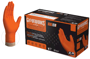 DISPOSABLE GLOVES, GLOVEWORKS, ORANGE, GWON, NITRILE, 8-MIL, MEDIUM, 100/CT LARGE