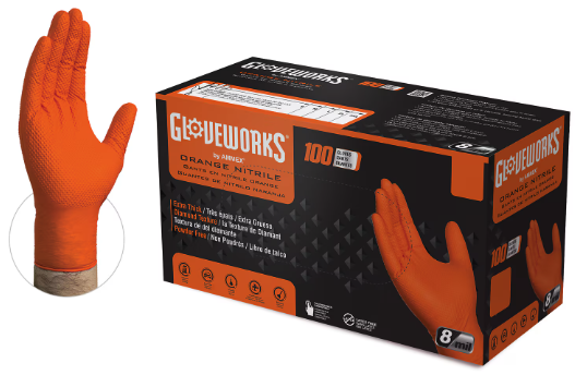 GLOVES, GLOVEWORKS, ORANGE, GWON, NITRILE, 8-MIL, S, 1000/CT THUMBNAIL