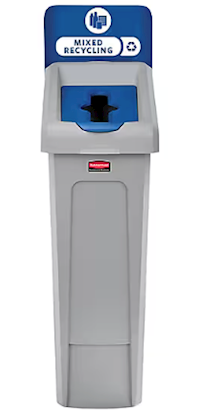RECYCLING BIN, RUBBERMAID SLIM JIM, SINGLE-STREAM, GREY/BLUE, 23 GALLON MAIN