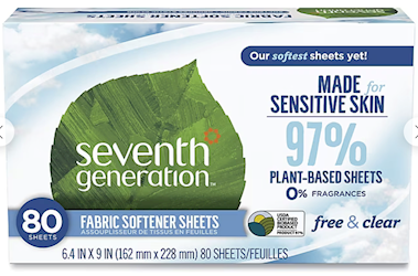 DRYER SHEETS, SEVENTH GENERATION, NATURAL, FABRIC SOFTENER, 80 SHEETS/BX, 1/EA LARGE