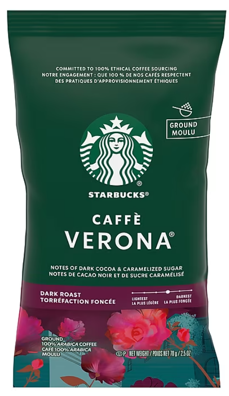 COFFEE, STARBUCKS VERONA GROUND COFFEE, DARK ROAST, 2.5 OZ., 18/CS LARGE