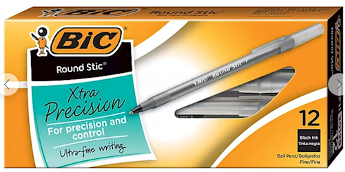 PENS, BALLPOINT, BIC, ROUND STIC, FINE POINT, 0.8MM, BLACK INK, 12/CT LARGE