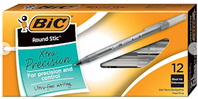 PENS, BALLPOINT, BIC, ROUND STIC, FINE POINT, 0.8MM, BLACK INK, 12/CT THUMBNAIL