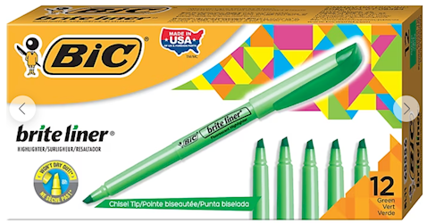HIGHLIGHTERS, BIC, CHISEL TIP, GREEN, 12/PK LARGE