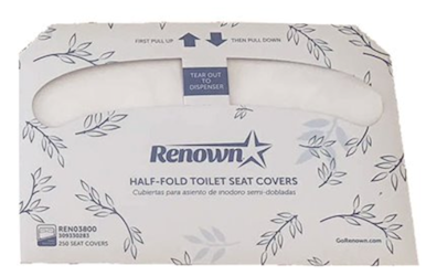 TOILET SEAT COVERS, WHITE, HALF-FOLD, RENOWN, FLUSHABLE, 250/PK, 20 PACKS/CT LARGE