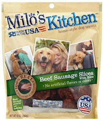 DOG TREATS, MILO'S KITCHEN, BEEF SAUSAGE SLICES W/ RICE, 10 OZ., 5/CT LARGE