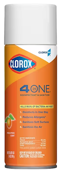 DISINFECTANT SPRAY, SANITIZER, CLOROX 4-IN-ONE, CITRUS SCENT, 12 OZ., 1/EA MAIN