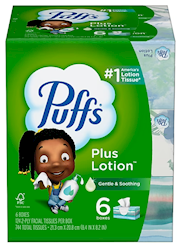 FACIAL TISSUES, PUFFS PLUS LOTION, 2-PLY, 124 TISSUES/BX, 6 BOXES/CT LARGE