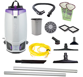 BACKPACK VACUUM, PROTEAM GOFIT 10, W/ 15" CARPET & HARD SURFACE SIDEWINDER TOOL KIT LARGE