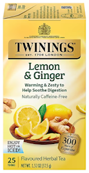 TEA, TWININGS, LEMON & GINGER HERBAL, BAGS, 25/CT LARGE