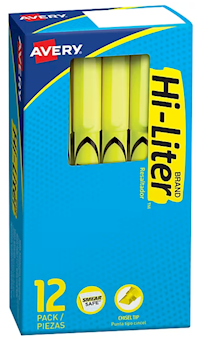 HIGHLIGHTERS, AVERY, PEN STYLE, CHISEL TIP, YELLOW, 12/CT MAIN