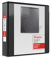 BINDER, 3 RING, VIEW, STAPLES, 2", D RING, BLACK MAIN