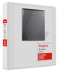 BINDER, 3 RING, VIEW, STAPLES, 1 1/2", D RING, WHITE LARGE